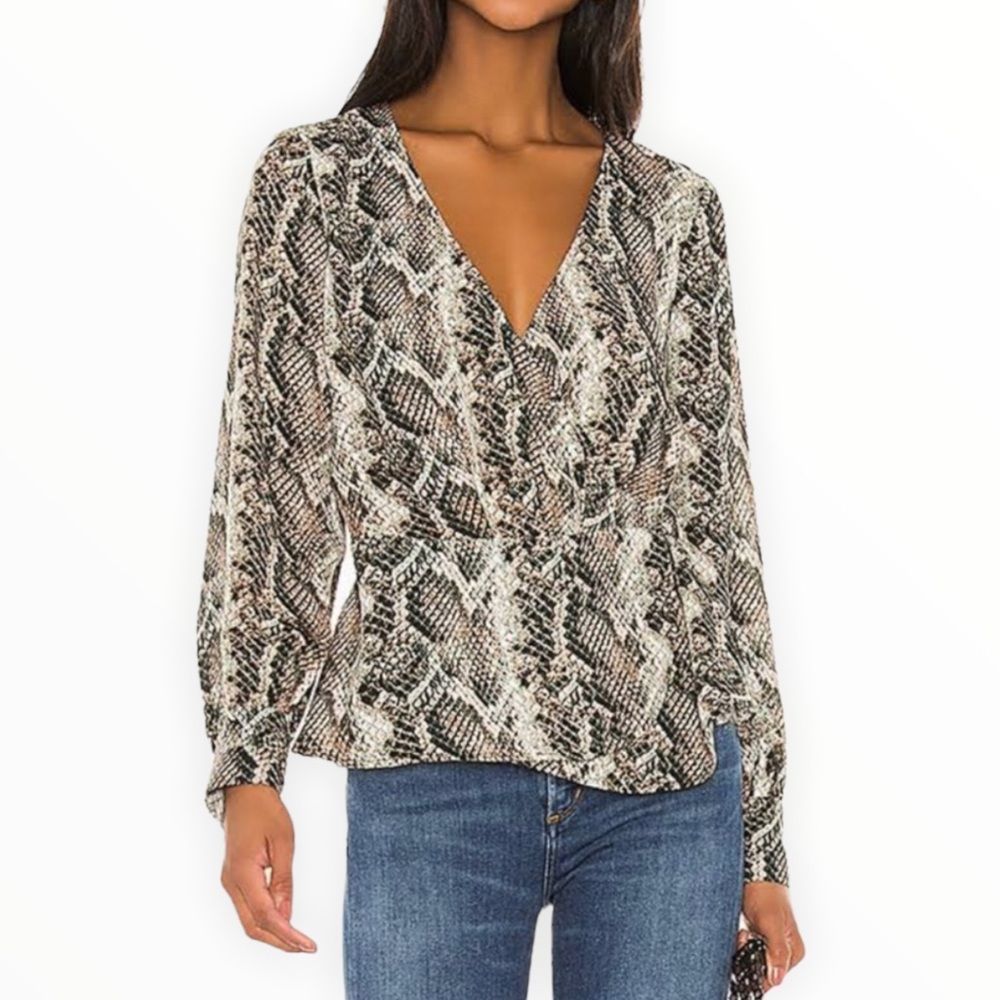 Cupcakes & Cashmere Jasper Wrap Blouse in Brown Snake Print NWT